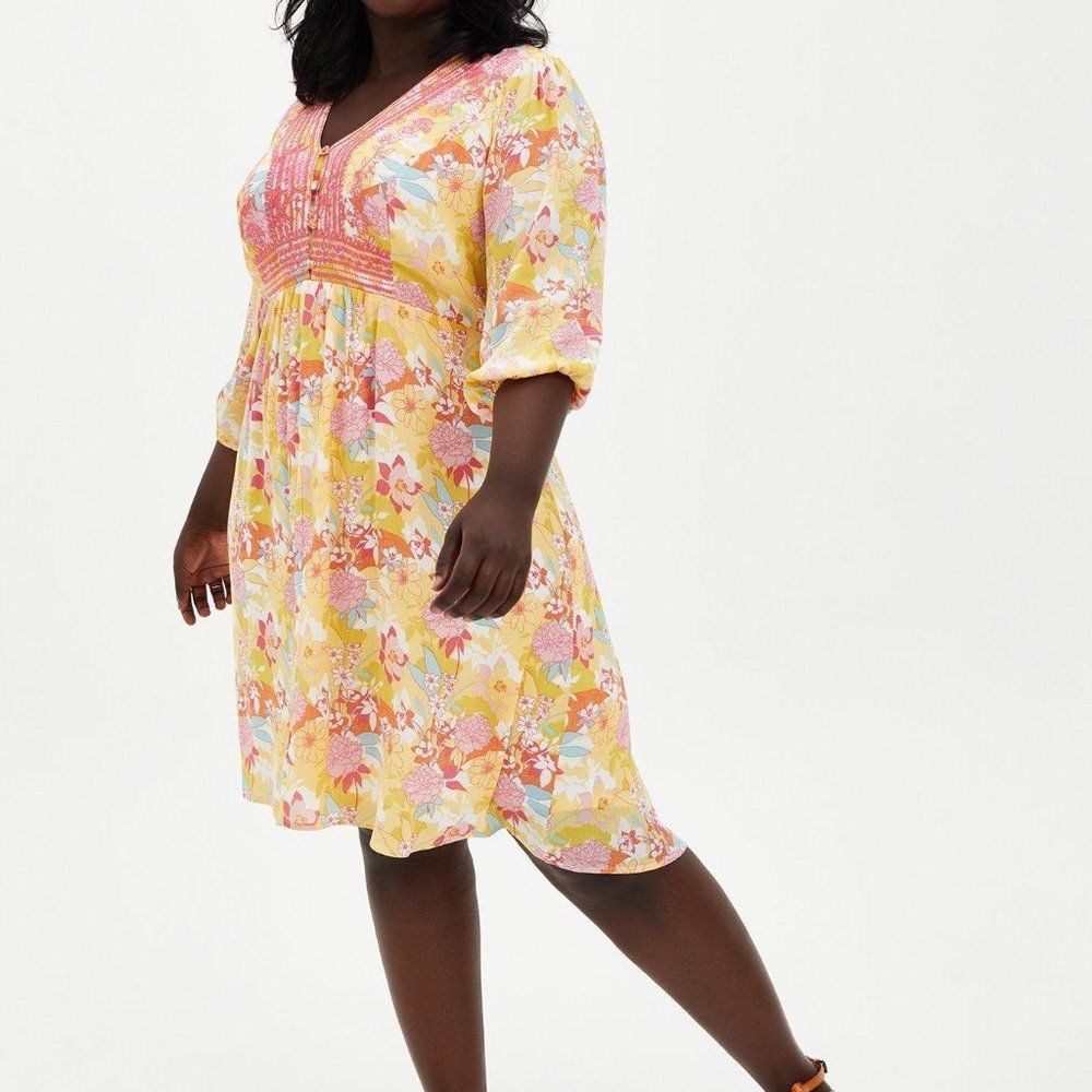 Torrid Boho Peach Floral Gauze Hi-Lo Dress Sz 3 plus Long Sleeve